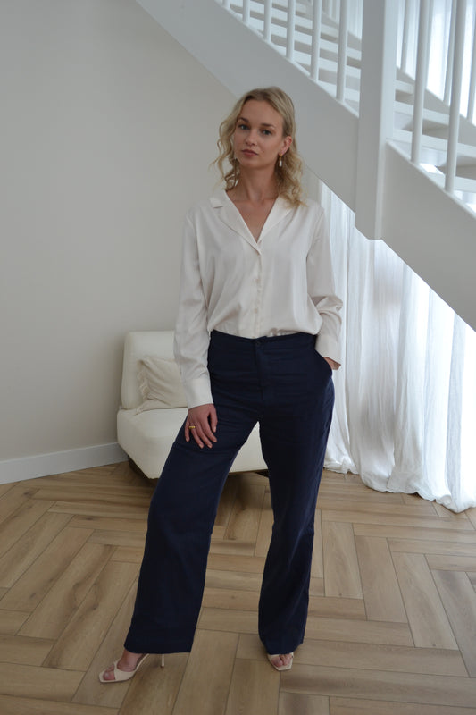 Linen High Waisted Trouser Night-Blue