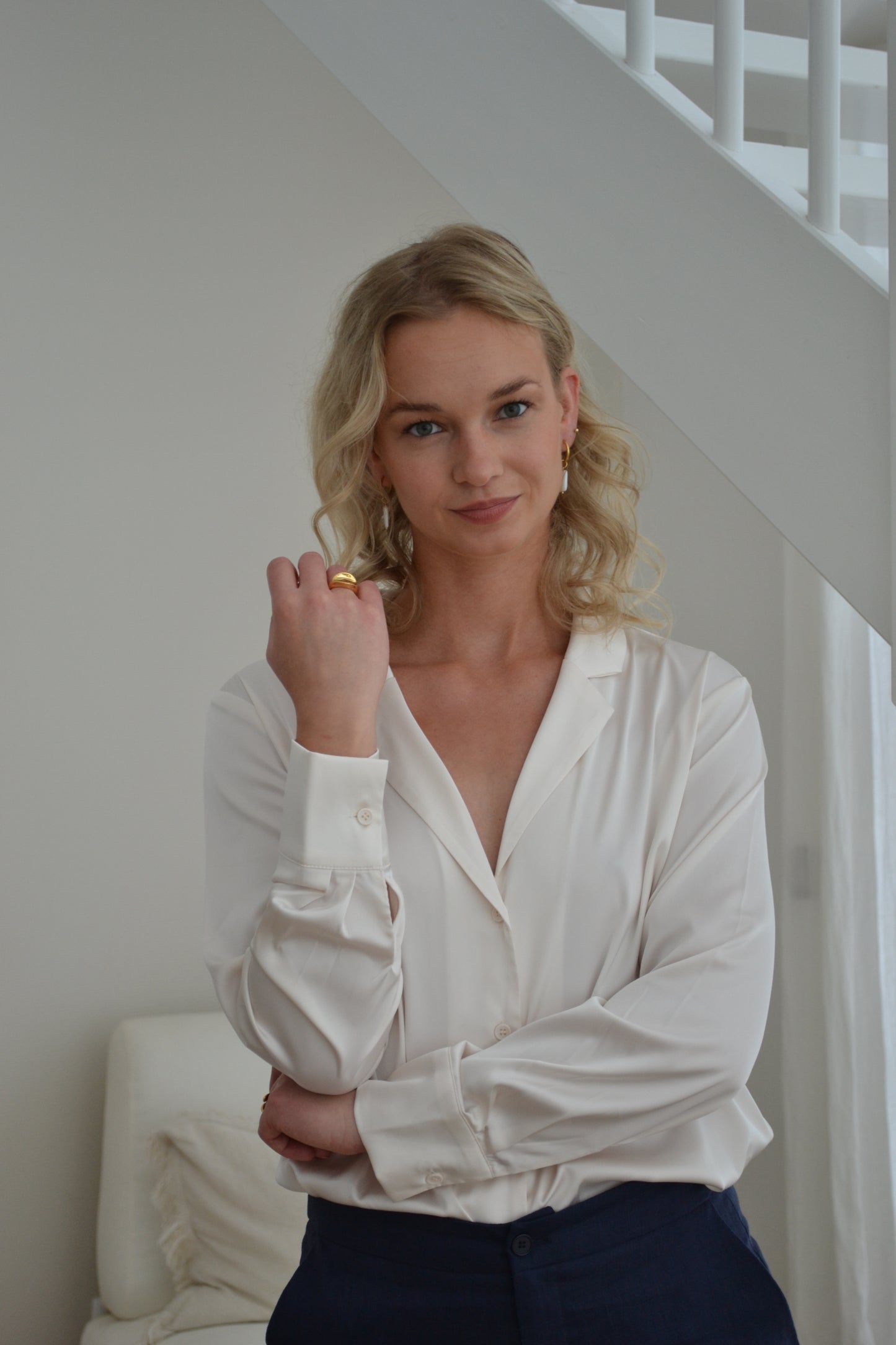 Satin Pyjama Collar Blouse Off White