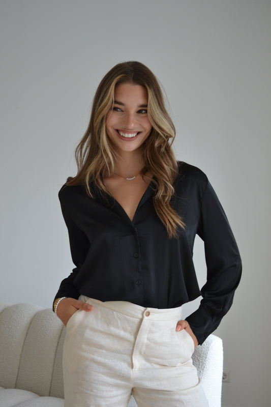 Satin Pyjama Collar Blouse Black