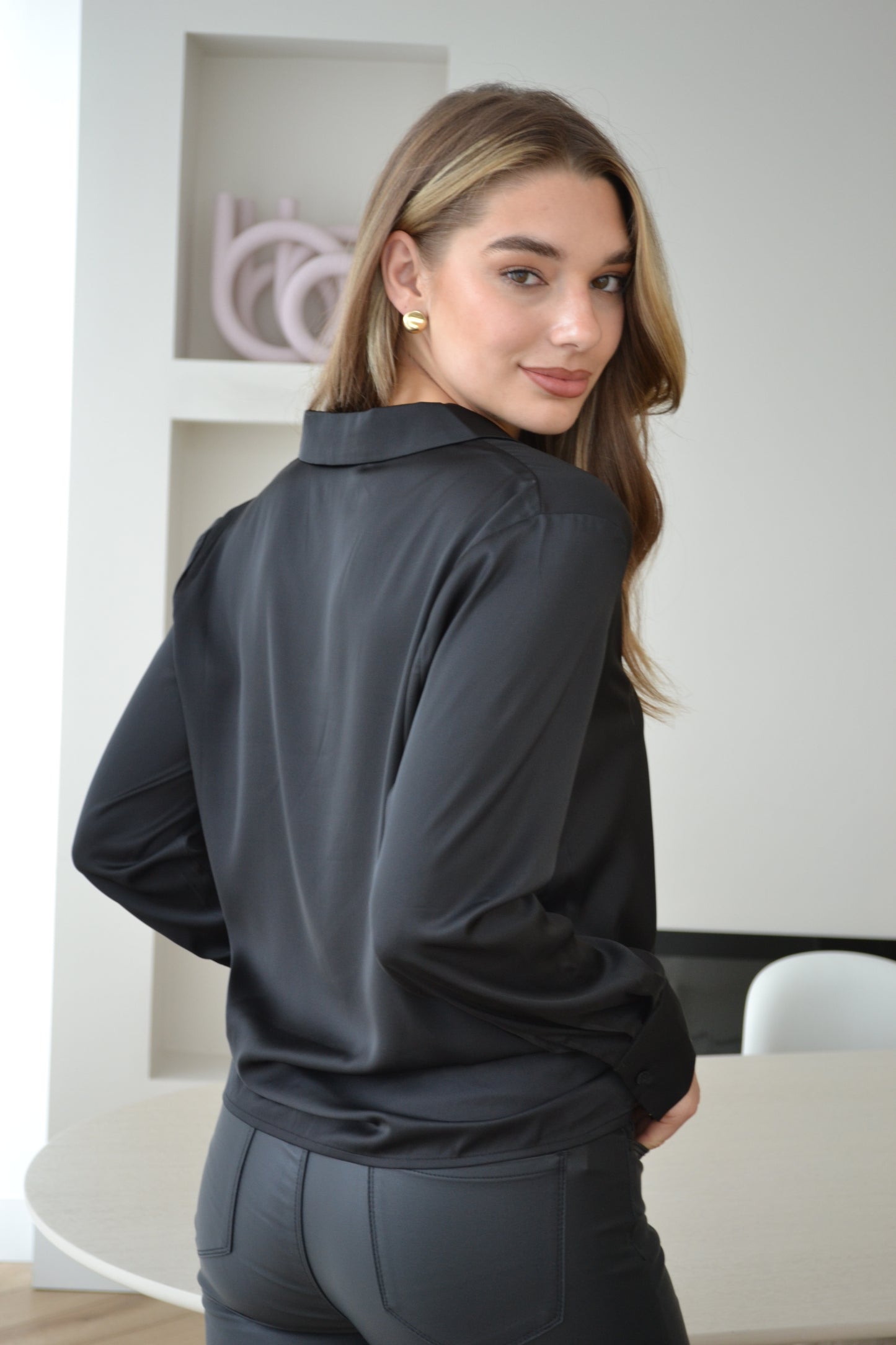 Satin Pyjama Collar Blouse Black