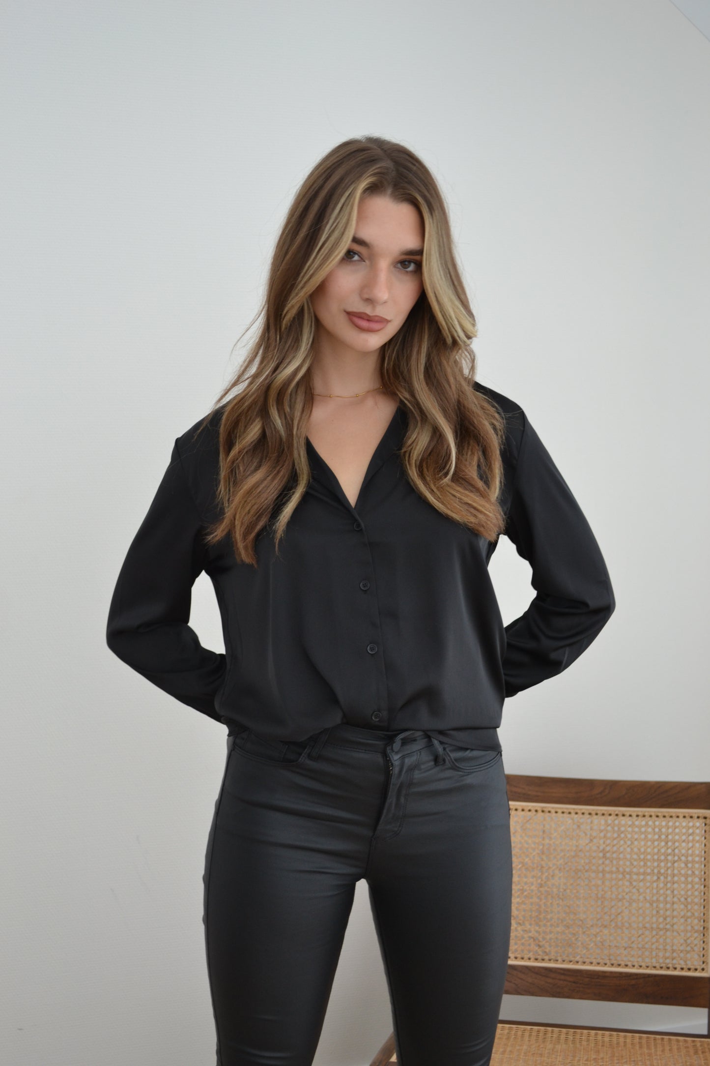 Satin Pyjama Collar Blouse Black