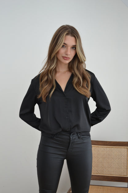 Satin Pyjama Collar Blouse Black