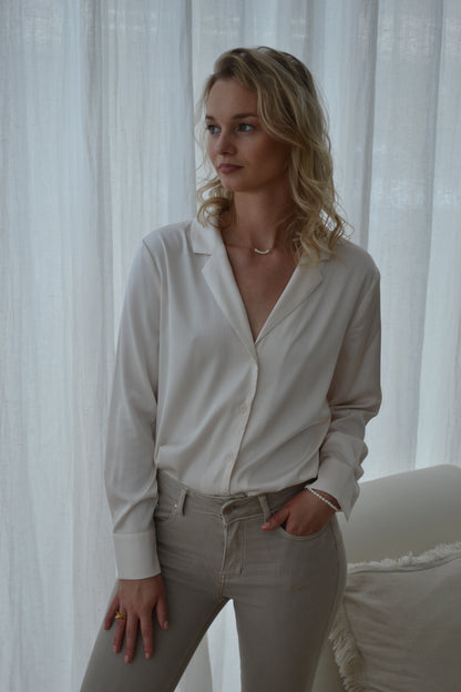 Satin Pyjama Collar Blouse Off White
